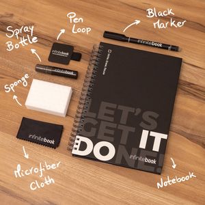 STARTER KIT INFINITEBOOK. Infinitebook"-kit med inbunden pärm, 1 rengöringskit, 1 markörpenna och 1 kulspetspenna, miniatyr 4