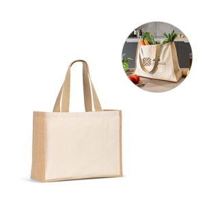 HELSINQUE. Canvaspåse (320 g/m²), med botten och sidor i laminerad jute (350 g/m²) i naturliga toner