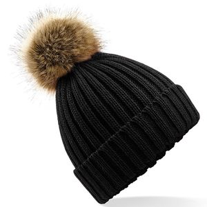 Faux Fur Pop Pom Chunky Beanie, miniatyr 1